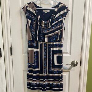 Evan Picone Geometric Tan Blue Sleeveless Spring Summer Dress Women’s Size 10